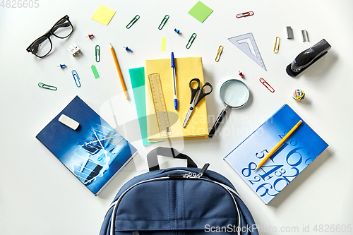 Image of blue backpack with books and school supplies