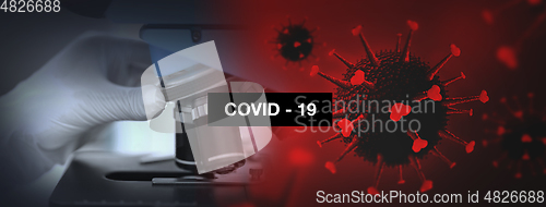 Image of close up of hand with microscope and coronavirus