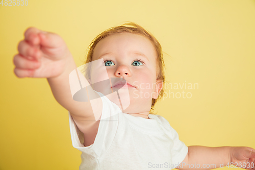 Image of Caucasian little girl, children isolated on yellow studio background