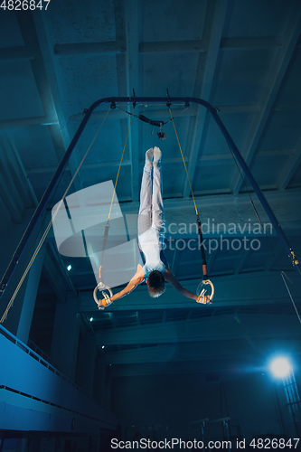 Image of Little male gymnast training in gym, flexible and active