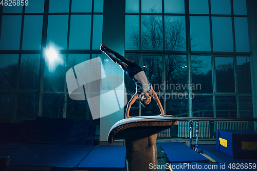 Image of Little male gymnast training in gym, flexible and active