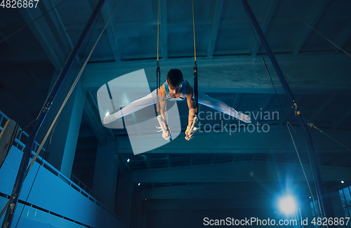 Image of Little male gymnast training in gym, flexible and active