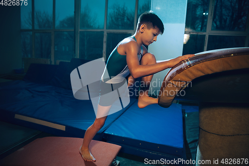 Image of Little male gymnast training in gym, flexible and active