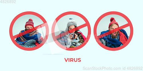 Image of Men and woman feeling ill, has virus infection, fever, headache and sneezing