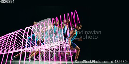 Image of Creative sport and neon waves on dark neon lighted line background