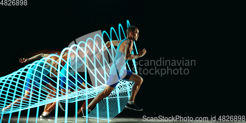 Image of Creative sport and neon waves on dark neon lighted line background