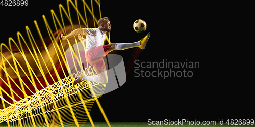 Image of Creative sport and neon waves on dark neon lighted line background