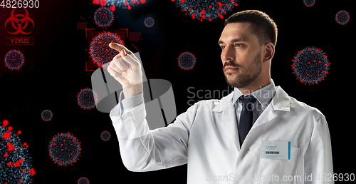 Image of doctor or scientist with coronavirus projection