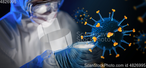 Image of close up of scientist and coronavirus hologram