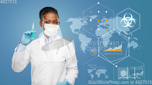 Image of doctor in medical mask over world pandemia map