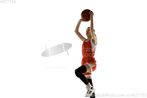 Image of Young caucasian female basketball player against white studio background