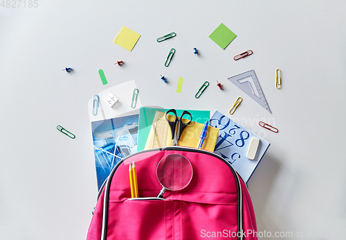 Image of pink backpack with books and school supplies