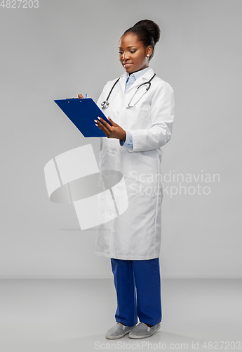 Image of african american female doctor with clipboard