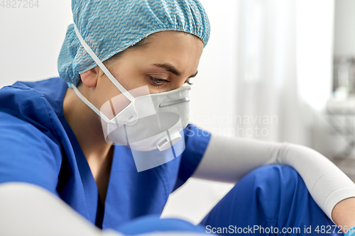 Image of sad doctor or nurse in protective face mask