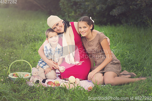 Image of mother with two kids having picnic outdoors