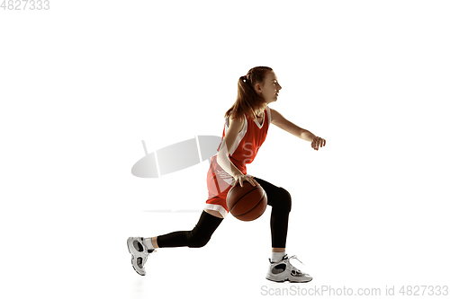 Image of Young caucasian female basketball player against white studio background