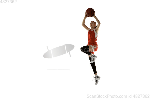 Image of Young caucasian female basketball player against white studio background