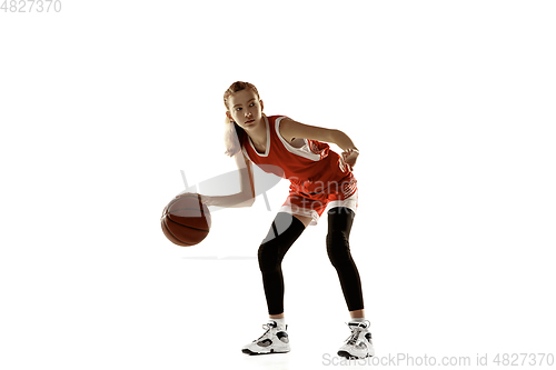 Image of Young caucasian female basketball player against white studio background