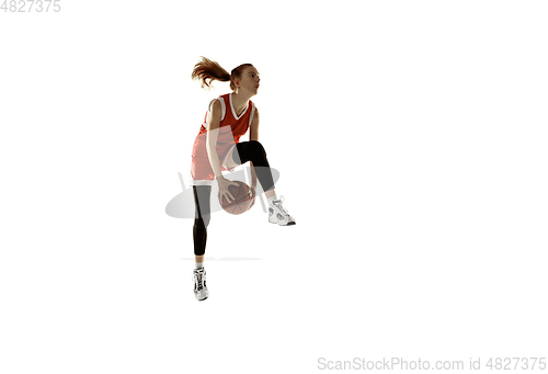 Image of Young caucasian female basketball player against white studio background