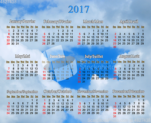 Image of calendar for 2017 year in English and French