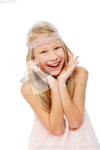 Image of happy beautiful girl in pale pink dress