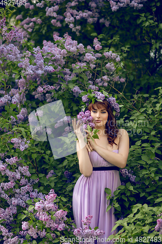 Image of beautiful girl in purple dress with lilac flowers