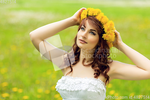 Image of beautiful girl with dandelion flowers in green field