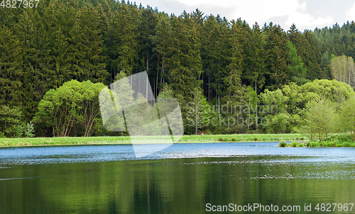 Image of Beautiful spring landscape with small pond.