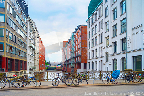 Image of Bicycles parking by Hamburg canal