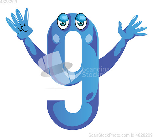 Image of Blue monster in number nine shape with hands up illustration vec