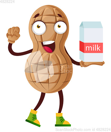 Image of Peanut holding milk, illustration, vector on white background.