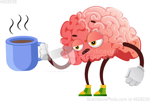 Image of Brain is drinking a cup of coffee, illustration, vector on white