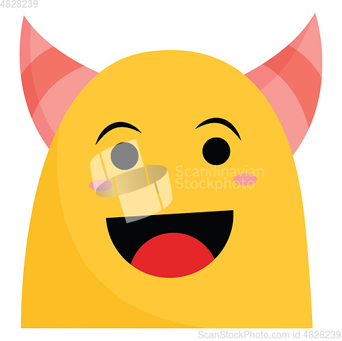 Image of A smiling yellow monster with pink horn vector or color illustra