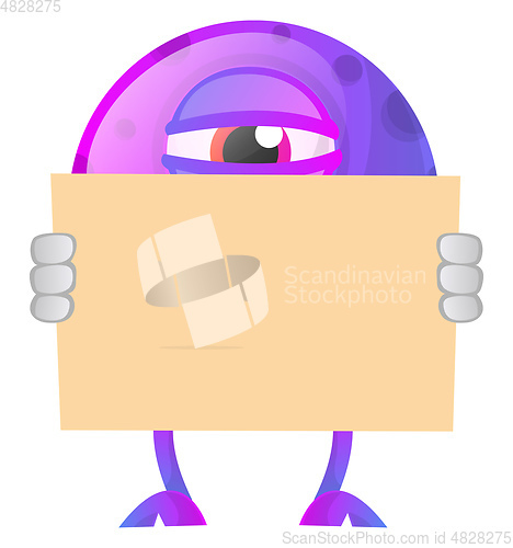 Image of One eyed porple monster behind paper illustration vector on whit