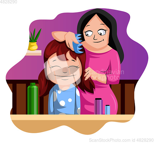 Image of Mother brushing her daughter\'s hair illustration vector on white