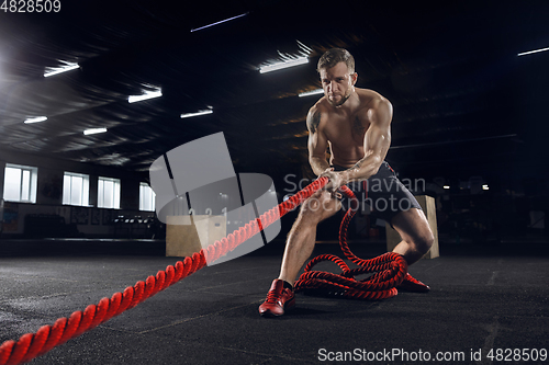 Image of Young healthy male athlete doing exercises in the gym