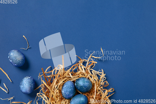 Image of Egg hunt is coming. Easter traditions, space, cosmos colored eggs, top view