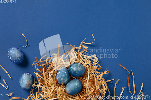 Image of Egg hunt is coming. Easter traditions, space, cosmos colored eggs, top view