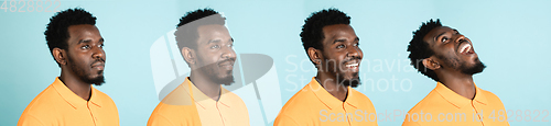 Image of Portrait of African man isolated on blue studio background with copyspace. Collage