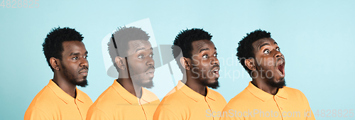 Image of Portrait of African man isolated on blue studio background with copyspace. Collage