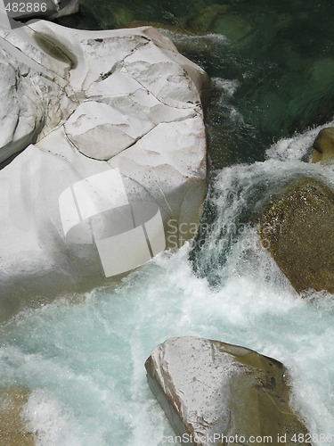 Image of grey polished rocks and green river water