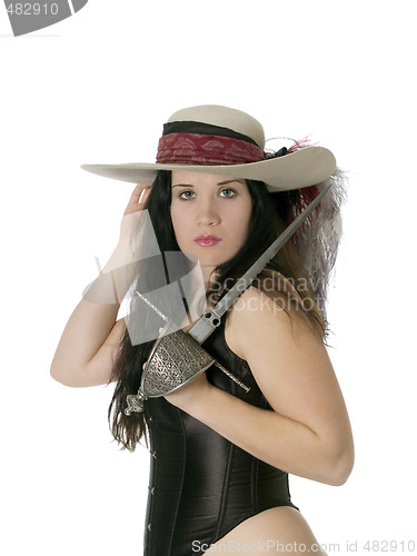 Image of Woman in feathered hat with dagger and corset