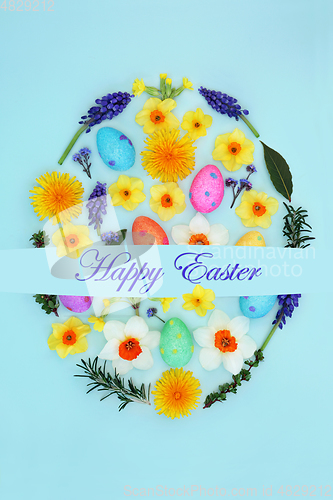 Image of Happy Easter Egg Shape with Flowers and Eggs