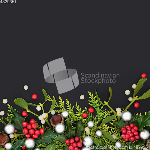 Image of Decorative Christmas Border with Silver Balls and Greenery