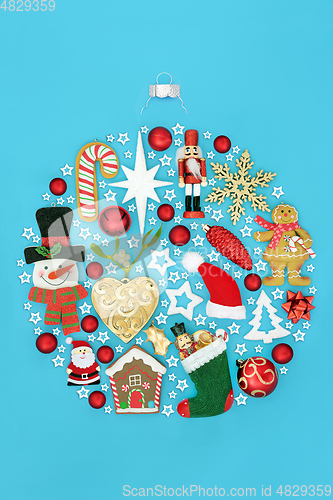 Image of Christmas Composition of Round Bauble with Objects  