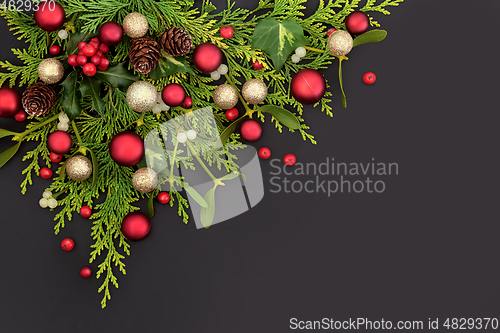 Image of Decorative Christmas Composition with Baubles and Flora