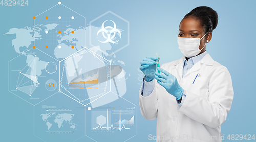 Image of doctor in medical mask over world pandemia map