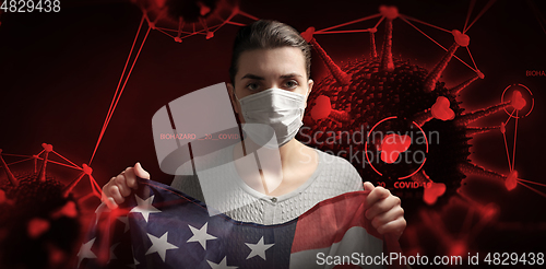 Image of woman in mask with flag of america and coronavirus