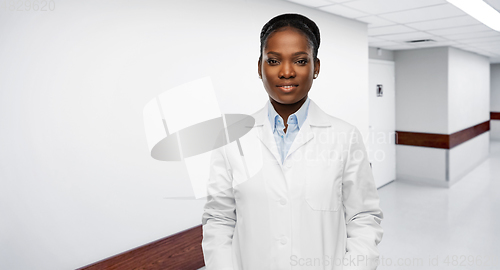 Image of happy african american female doctor at hospital