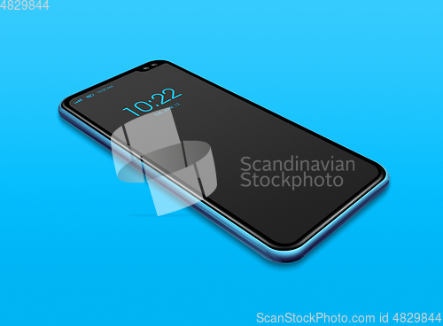 Image of All-screen black smartphone mockup isolated on blue. 3D render